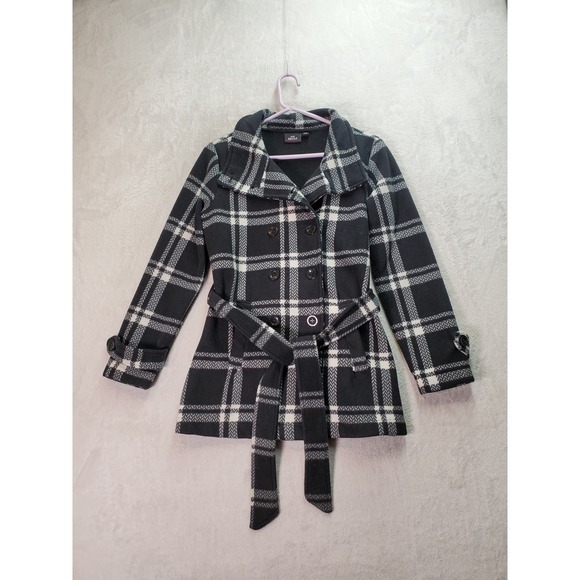 IKE BEHAR Coat Women Small Black White Plaid Collar Double Breasted Button Front - Picture 1 of 8